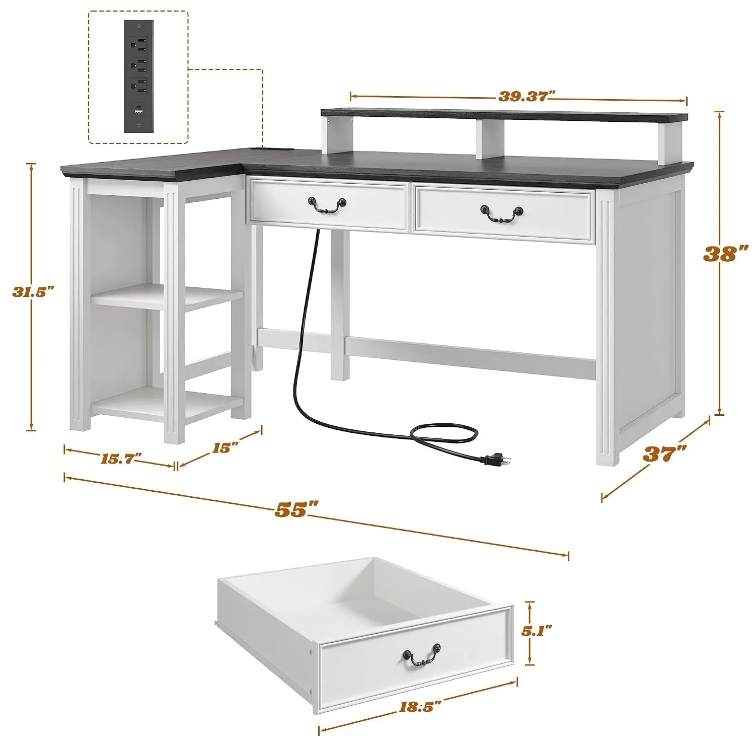 L Shaped Computer Desk With Drawers & Monitor Stand, Home Office Corner Workstation Gaming Table, Customized