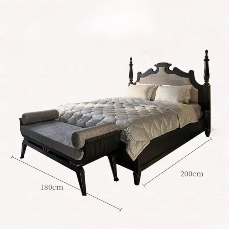 

Ретро-кровать из массива дерева для главной спальни, двуспальная, с тканевой обивкой