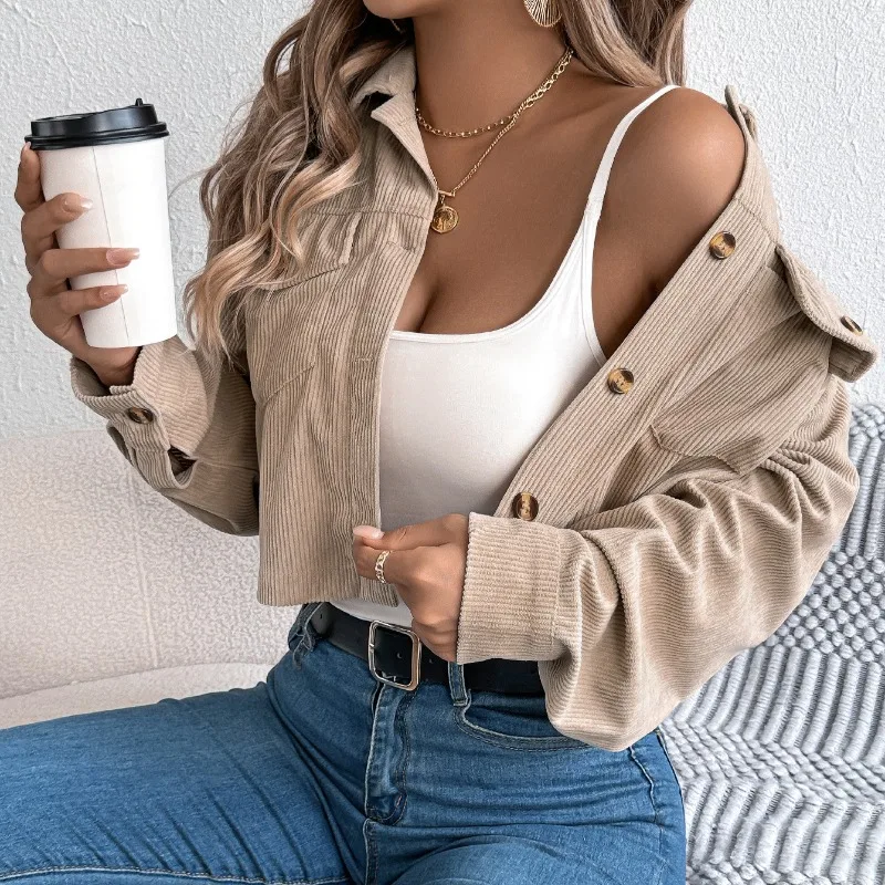 

Women's Autumn Winter Tops Coats Jackets Pockets Long Sleeves Corduroy Cropped New Comfortable Casual Minimalist Fashionable Fit