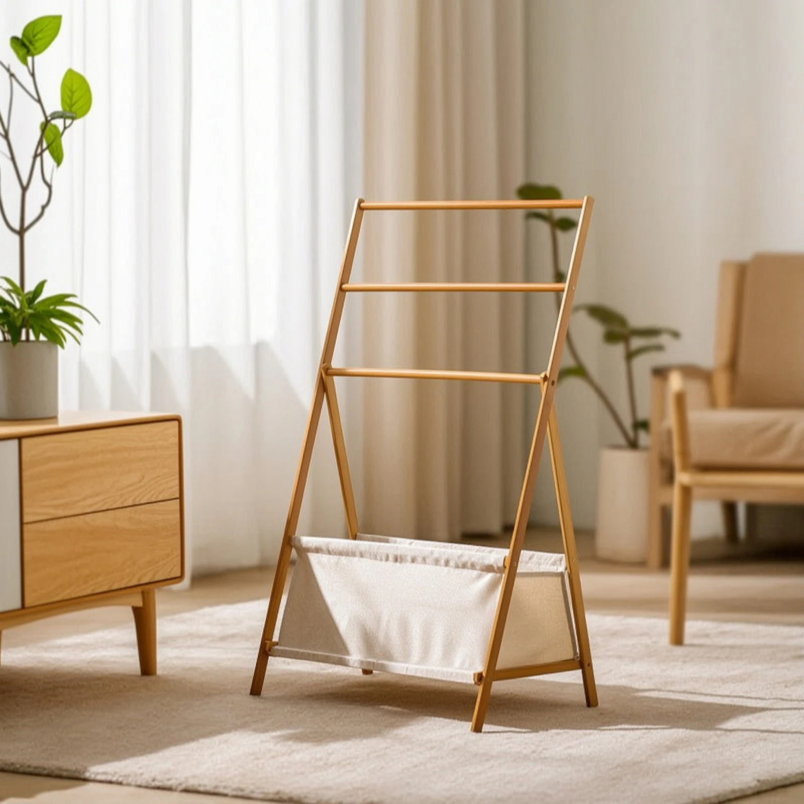Clothes Rack with Storage Bin Wood-Look Slanted Frame Garment Rack Floor Hanger Versatile Furniture Multi-Purpose for Renters