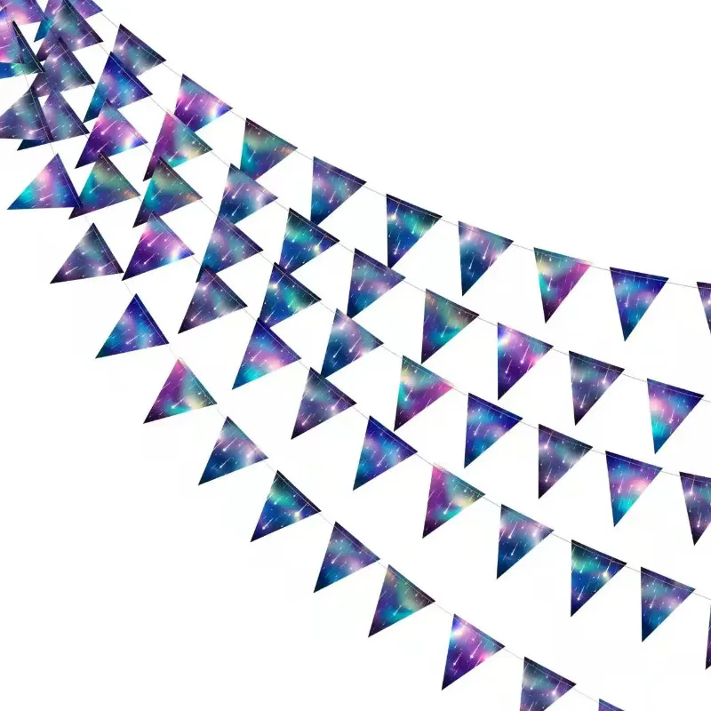 14Ft Twinkle Starry Blue Purple Paper Flag Triangle Banners Decorations for Universe Night Shooting Star Themed Birthday Party