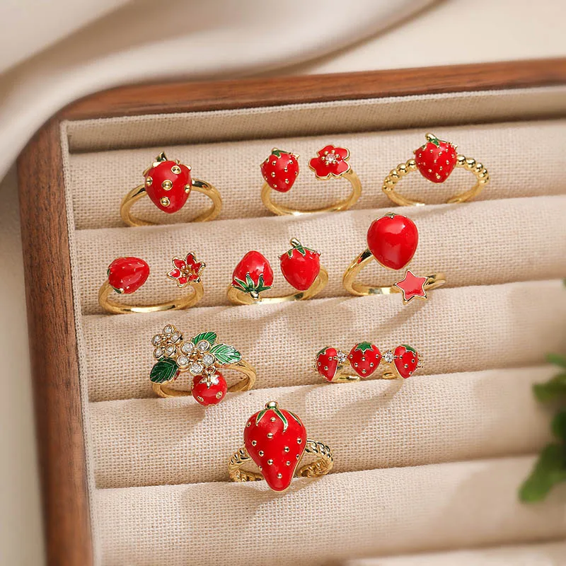 

HECHENG, Enamel Drip Oil Adjustable Opening Red Strawberry Cherry Ring Cute Women's Jewelry Wholesale