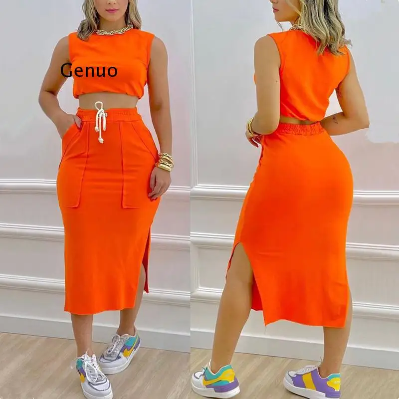 

2022 New Fashion Two Piece Set Women Crop Tank Top & Split Hem Drawstring Skirt Set