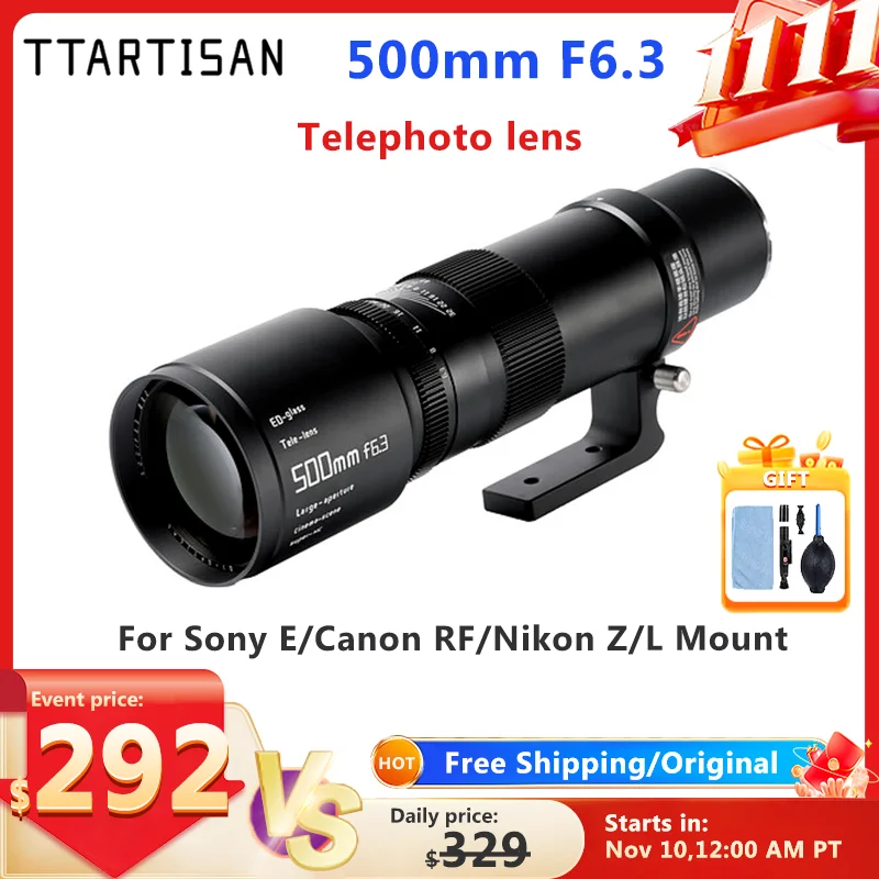 TTArtisan 500mm F6.3 Full Frame Lens for Sony E Mount for Canon RF for Nikon Z for Leica L Ultra-Telephoto Lens