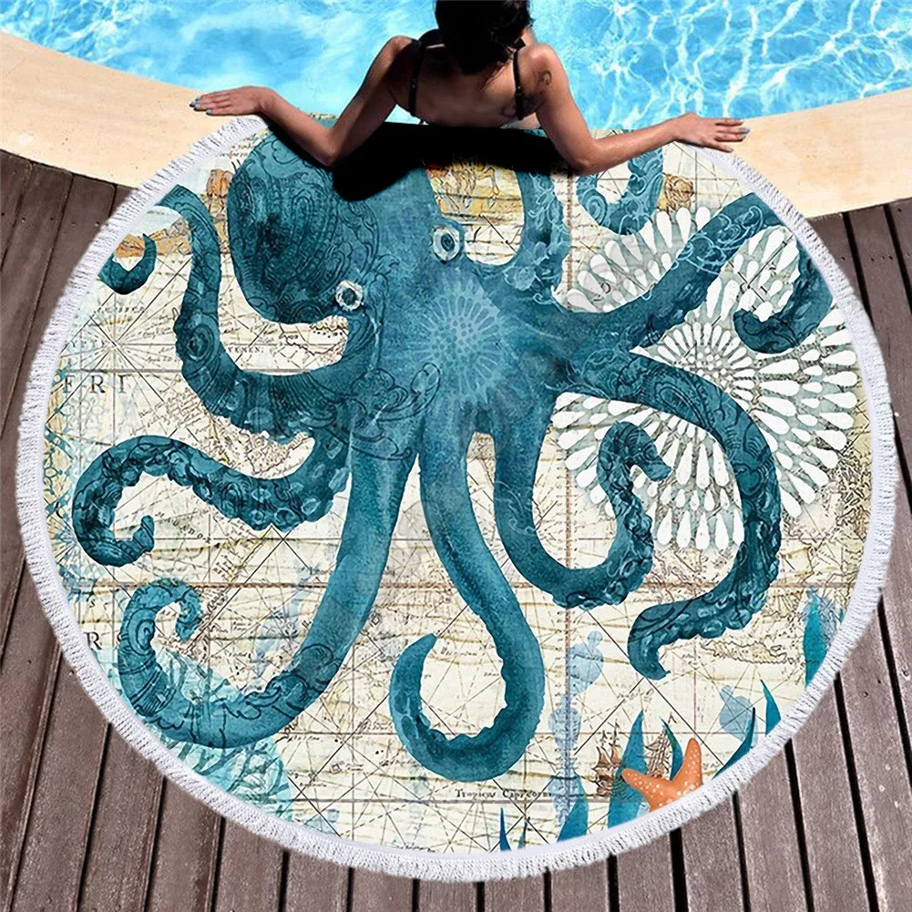 Towel Beach Towel Shawl Fast Drying Swimming Gym Camping Big Round Beach Towel Turtle/Octopus/Seahorse 3D Printed Beach Towel 02