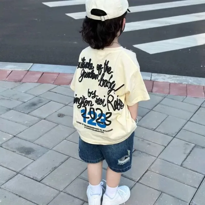 Summer Kids' Printed Cotton Short Sleeve T-Shirt Loose Fit Round Neck Apricot Color Boys' Tops Comfortable Breathable​