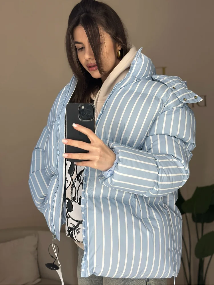 Striped Hooded Cotton Jacket Women Fashion Stand Collar Full Sleeve Zipper Pocket Warm Jackets Lady Winter Daily Street Coats 3 Striped Hooded Cotton Jacket Women Fashion Stand Collar Full Sleeve Zipper Pocket Warm Jackets Lady Winter Daily Street Coats 3
