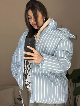 Warm Oversized Hooded Winter Coat 3 Striped Hooded Cotton Jacket Women Fashion Stand Collar Full Sleeve Zipper Pocket Warm Jackets Lady Winter Daily Street Coats 3