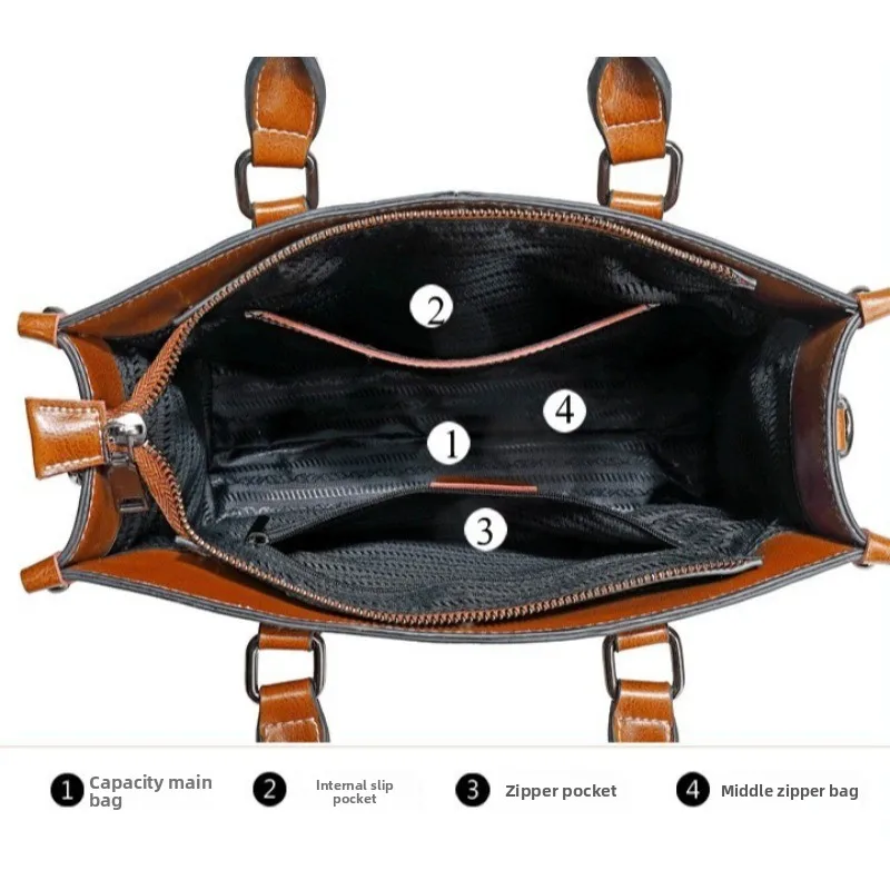Elegant Vintage Timeless Work Tote Bag for Women Waxed Oiled Genuine Leather Large Capacity Shoulder Bag Strap Luxury Handbag