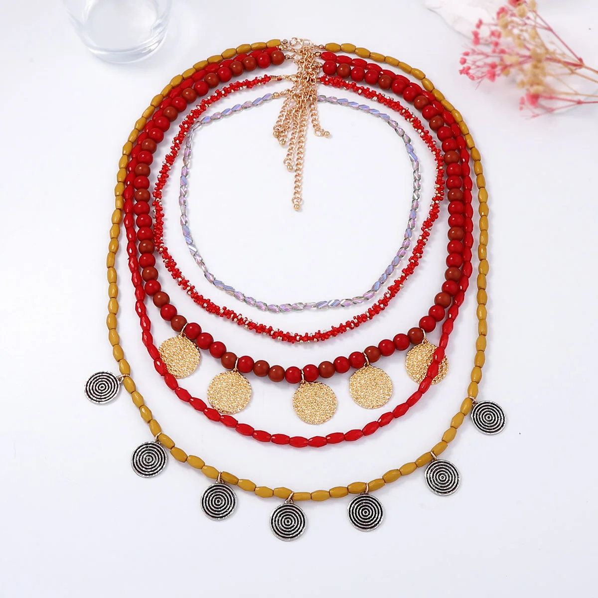 

ZAA Retro Trendy Multi Layer Beaded Alloy Geometric Pendant Necklace