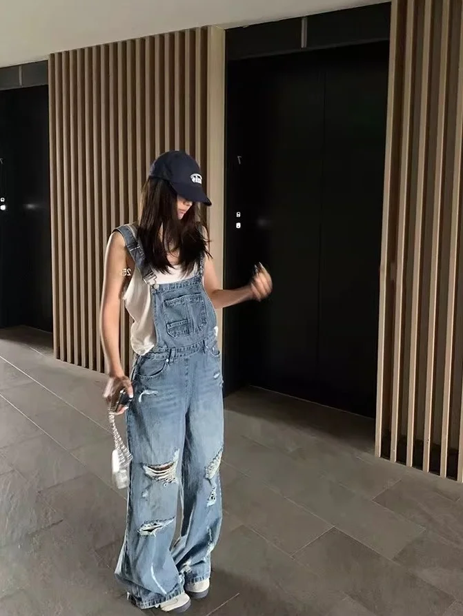 

Джинсовые комбинезоны в американском стиле ретро, женские весенние 2026, новые свободные прямые широкие брюки High Street, свободные брюки