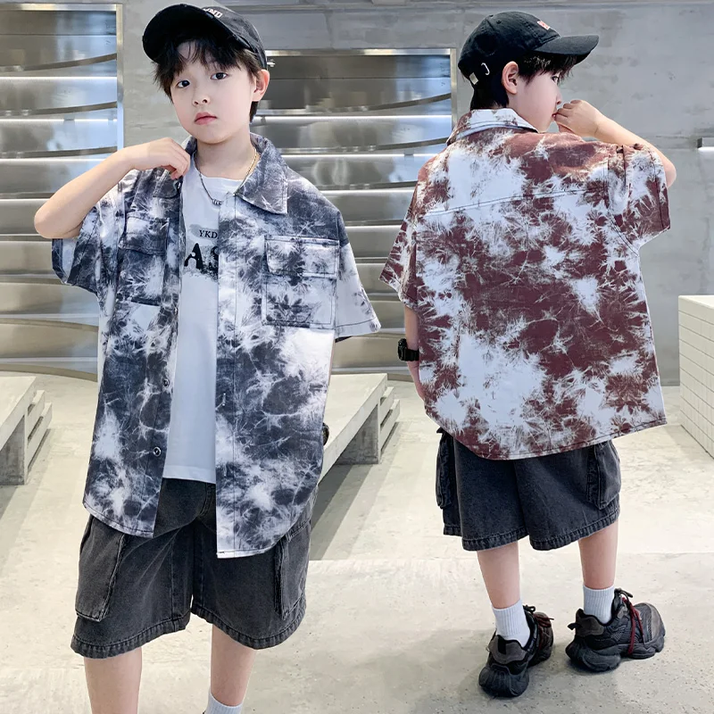 Kids Luxury Clothing Short Sleeve Tie Die Shirts for Teenage Boy High Quality Short Sleeve Blouse Child Loose Casual Outfits