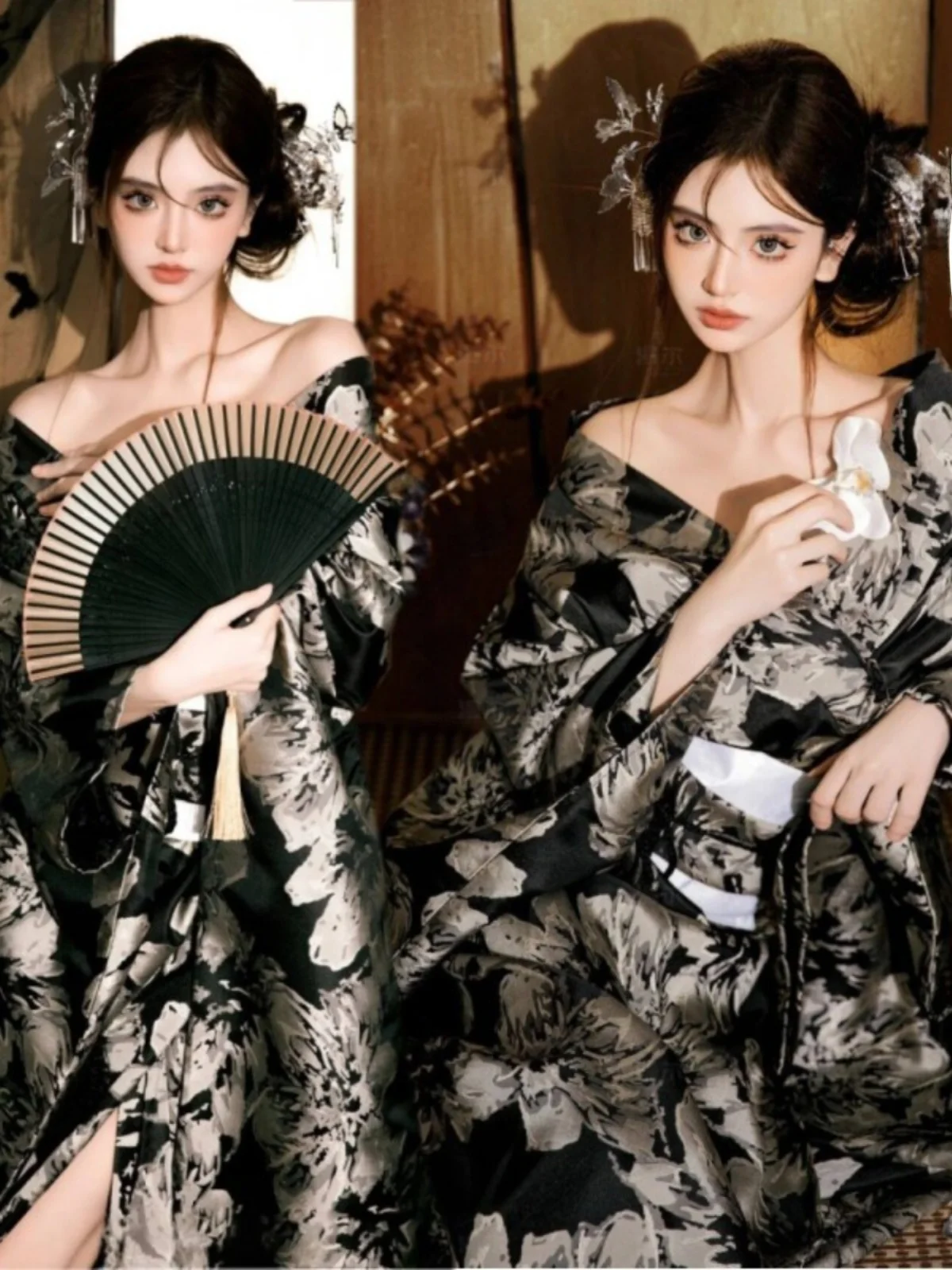 

Traditional Japanese Kimono Style Photography Costume for Girls Black Gang Princess Renovated Version Photography Costume