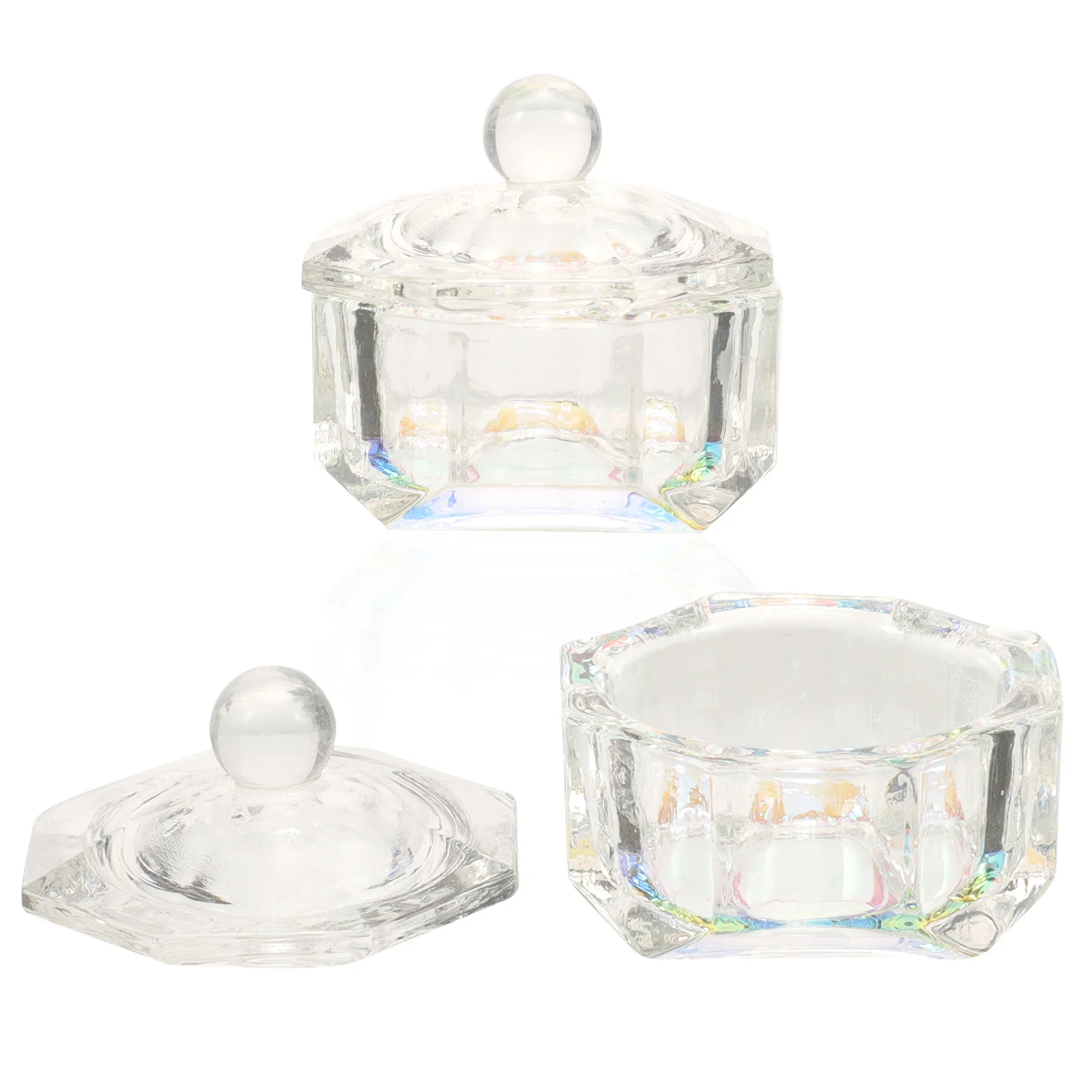 2 bicchieri di vetro di cristallo colorato piatto Dappen trasparente per strumento per manicure per miscelazione di polvere liquida per unghie acriliche con coperchio