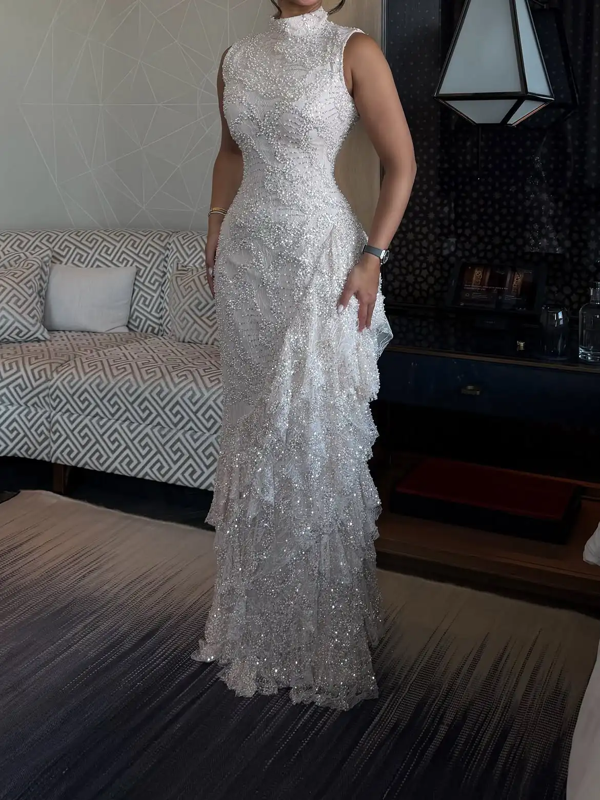 LumiGown 2026 High Neck Sleeveless Mermaid Evening Gown Heavy Beaded Lace Ruffle Long Dress Wedding Bridesmaid Gown Custom Size