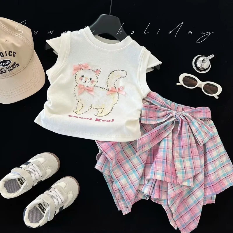 

2025 Summer New Arrival Girls' Set: Sleeveless Cartoon T-Shirt with Irregular Bowknot Skirt, Stylish Two-Piece Outfit.