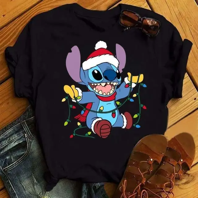 Christmas Stitch Disney T-shirt ample et confortable en coton pour hommes et femmes, tenue Parent-enfant à manches courtes