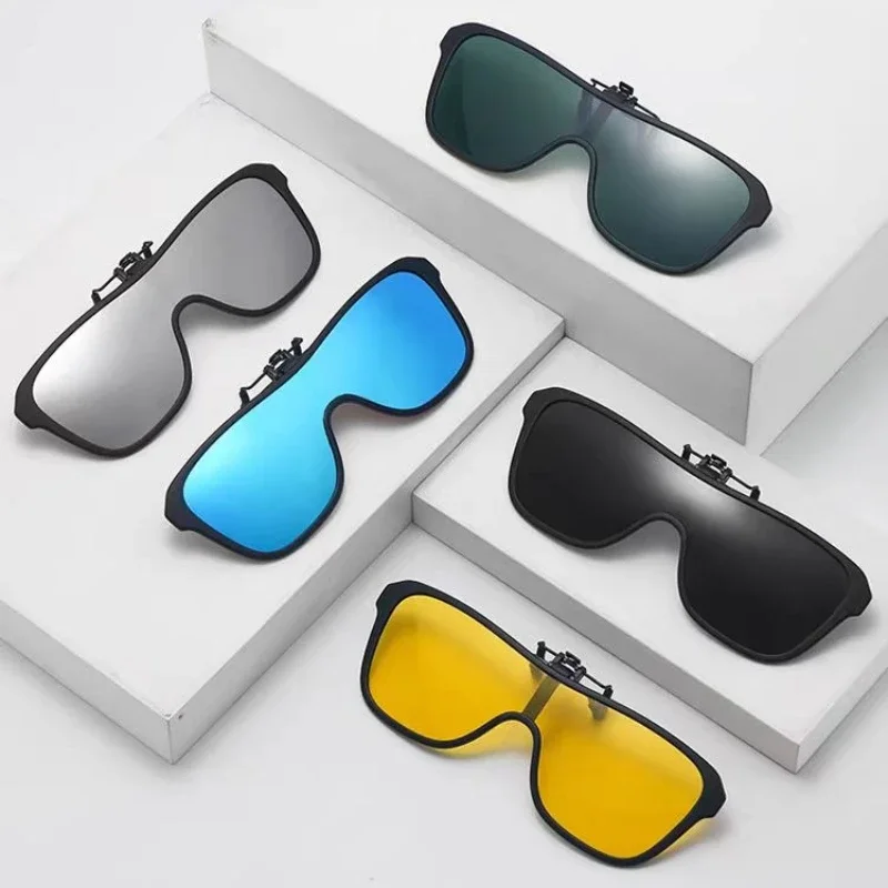 Trending Clip On Sunglasses Large Frame Men Polarized Flip Up Sun Glasses Driving Adapt Mirror Blue Red Polarising Lens
