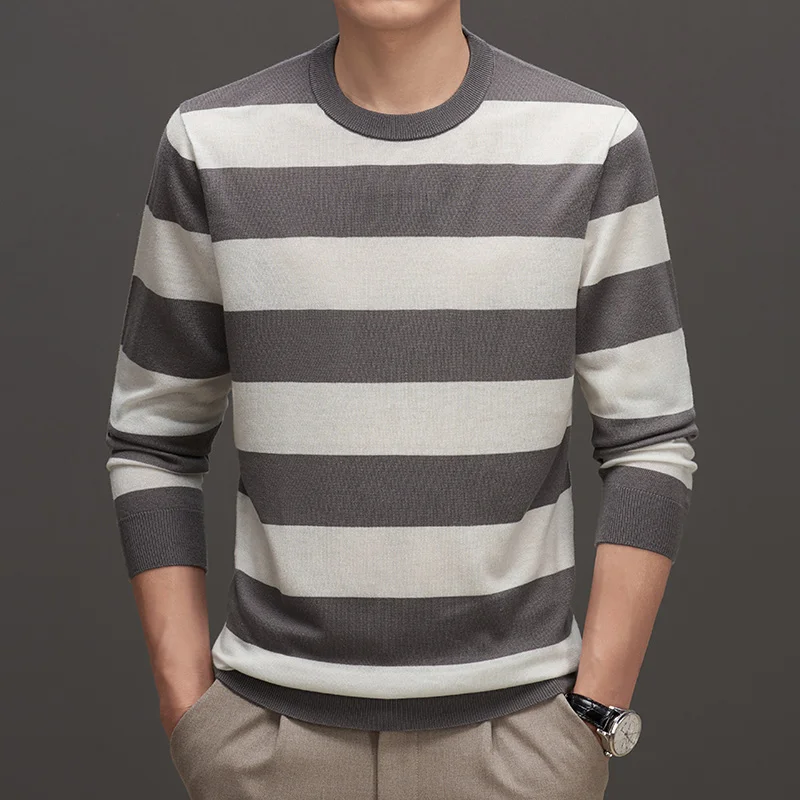 O-Neck Striped Knitted Sweater For Men Contain Silk British Style Autumn New Quality Soft Comfortable Pullovers Sueter Masculino