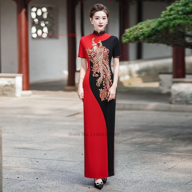 

Китайское винтажное платье 2025 года, улучшенное Ципао, ретро Феникс, вышивка, лоскутное платье Cheongsam, сценическое банкетное вечернее платье