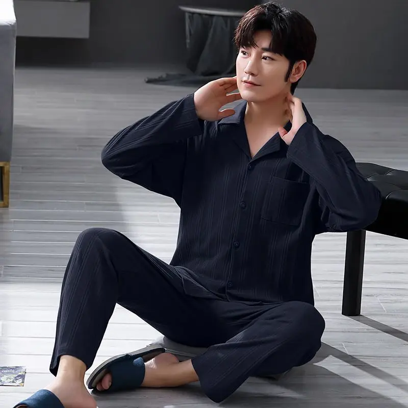 2024 New Fashion Youth Spring Autumn Pajamas Outfit Men's Simple Long Sleeve Sleepwear Cardigan Boys Plus Size Loungewear Set