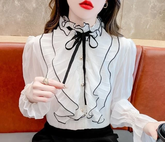 เสื้อเชิ้ตสีขาวคอตั้งแขนยาวทรงใบบัวสำหรับฤดูใบไม้ผลิและฤดูใบไม้ร่วง