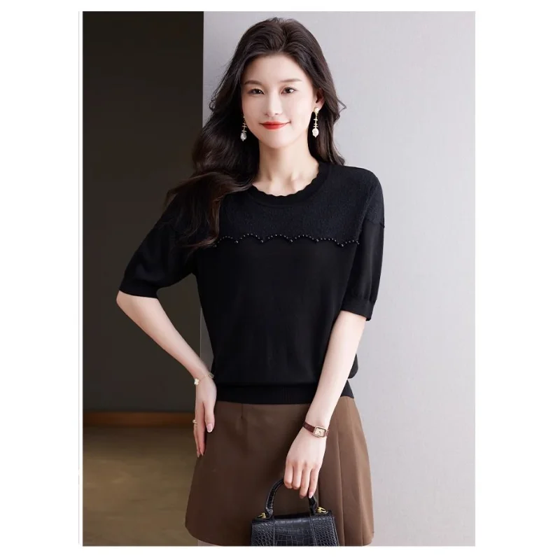 

Женский трикотажный топ с коротким рукавом и волнистым вырезом, украшенный бисером, повседневная трикотажная одежда для города