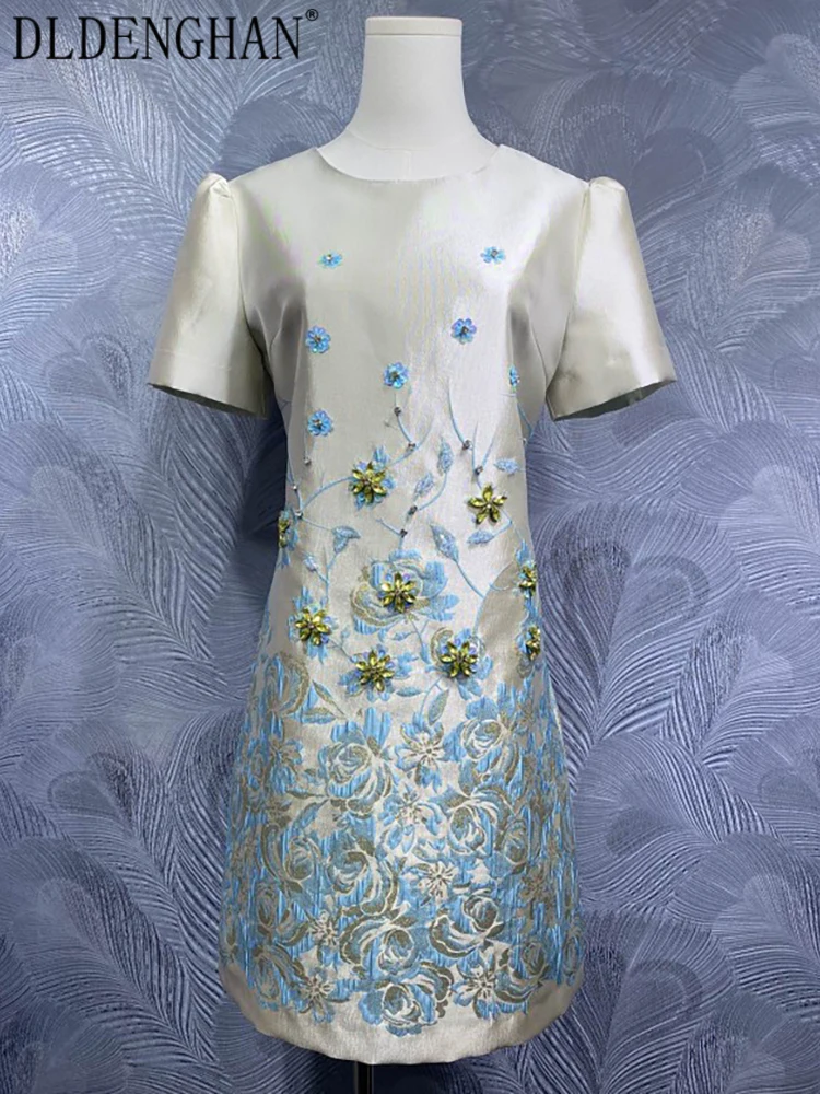 

DLDENGHAN Crystal Diamonds Jacquard Dress For Women O-Neck Short Sleeve Vintage Mini Dresses Summer Fashion Female