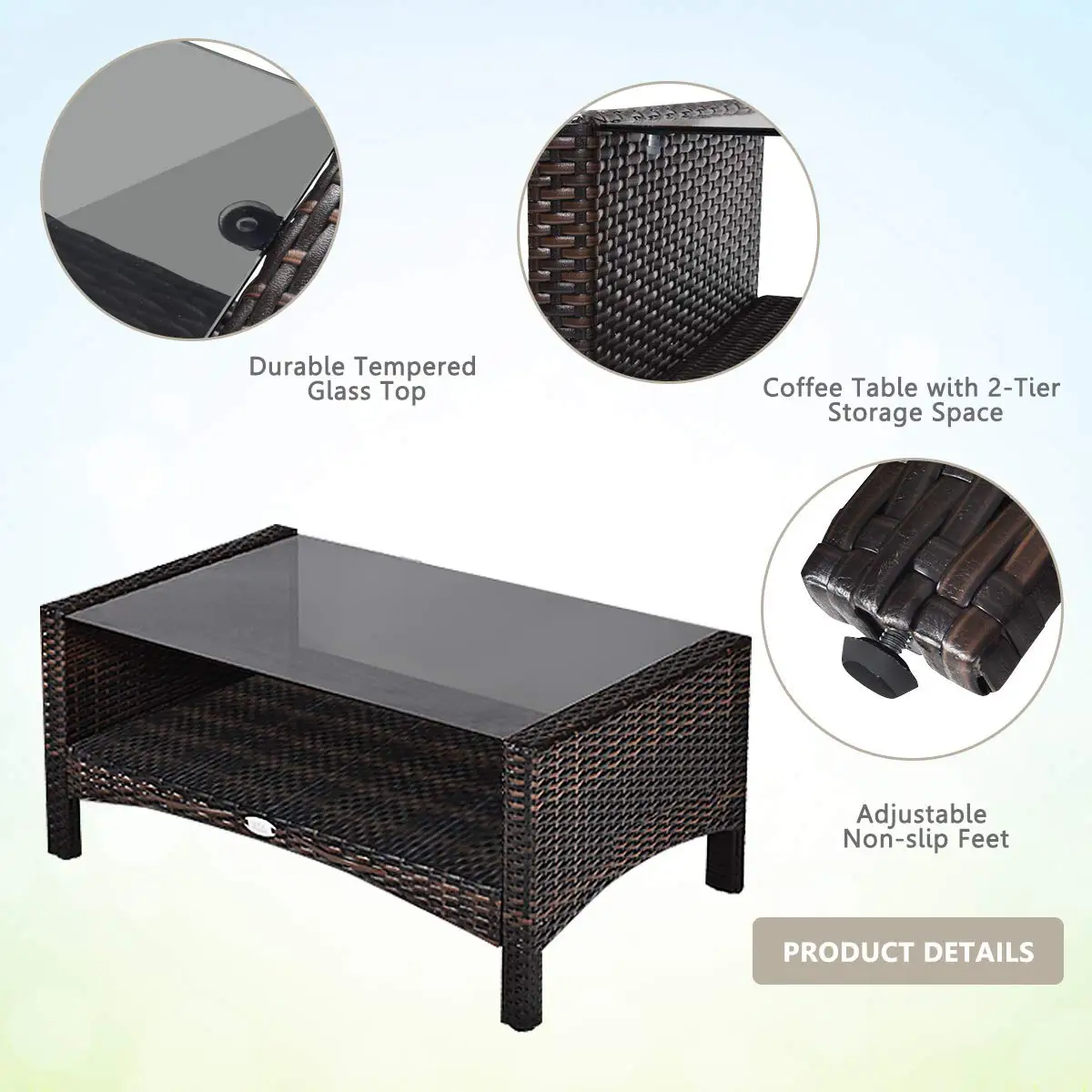 Outdoor Rattan Wicker Sofa Set 4-Piece with Cushions & Tempered Glass Coffee Table Storage Shelf, Customized