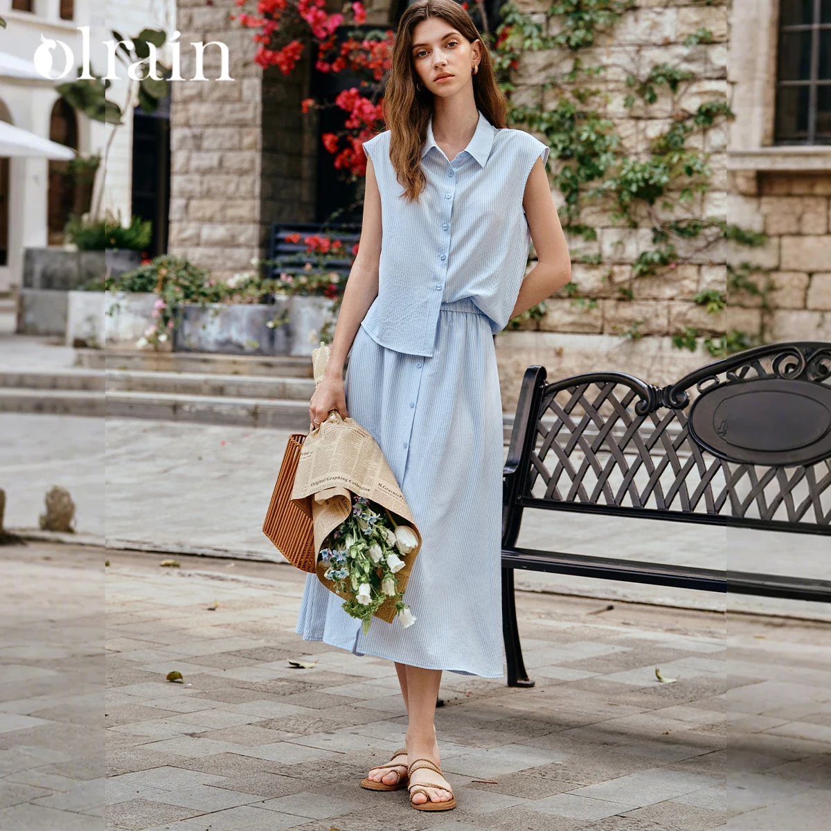 

OLrain Blue Striped Shirt Skirt 2 Piece Set 2025 Office Ladies Summer Sleeveless Top Skirt Suit Female Clothing Sets O57XL98503