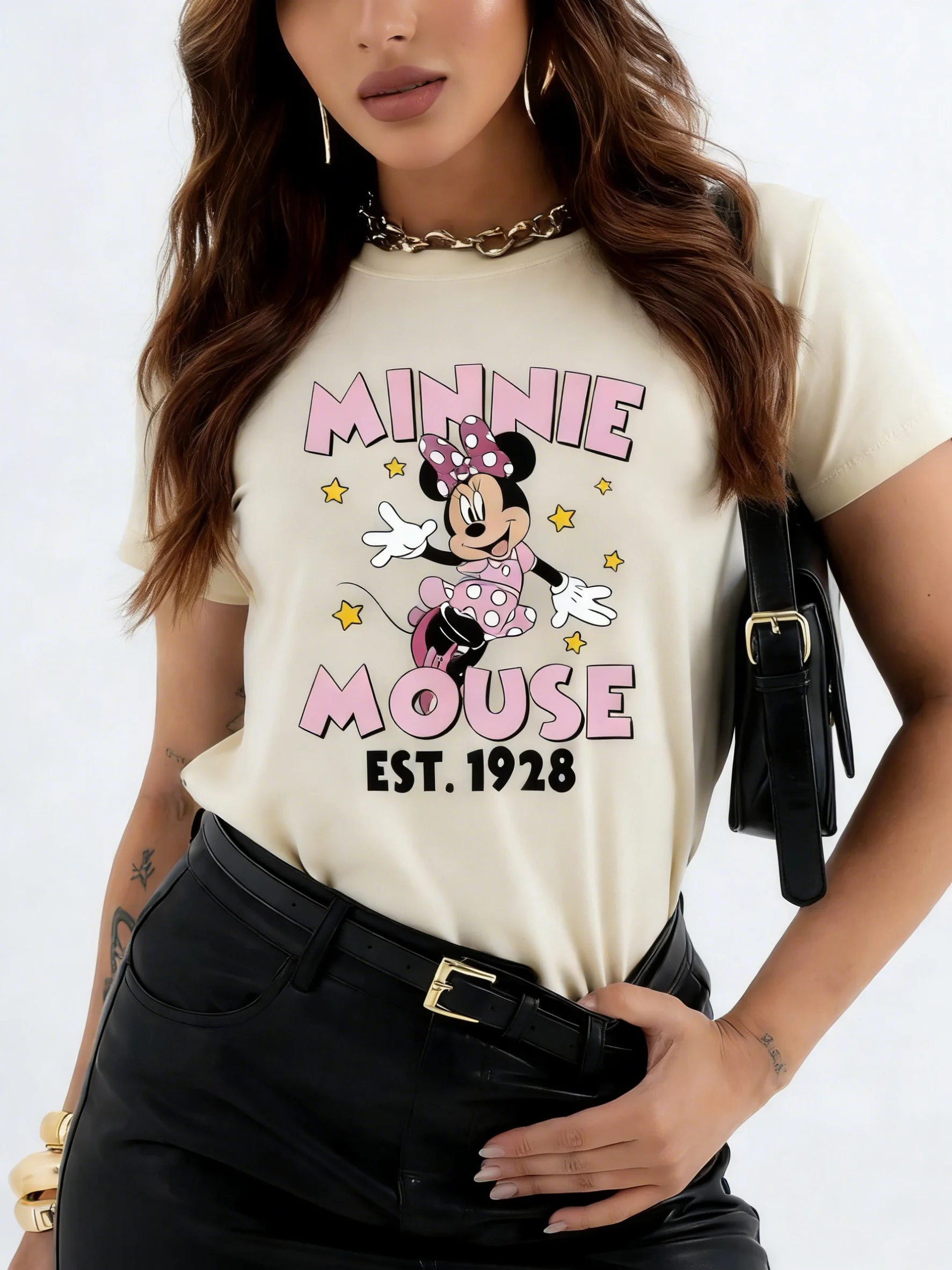 

Женская футболка, женская спортивная футболка, платье с розовым принтом в горошек и бантом, с изображением Минни Мауса и желтыми звездами, мультяшный рисунок