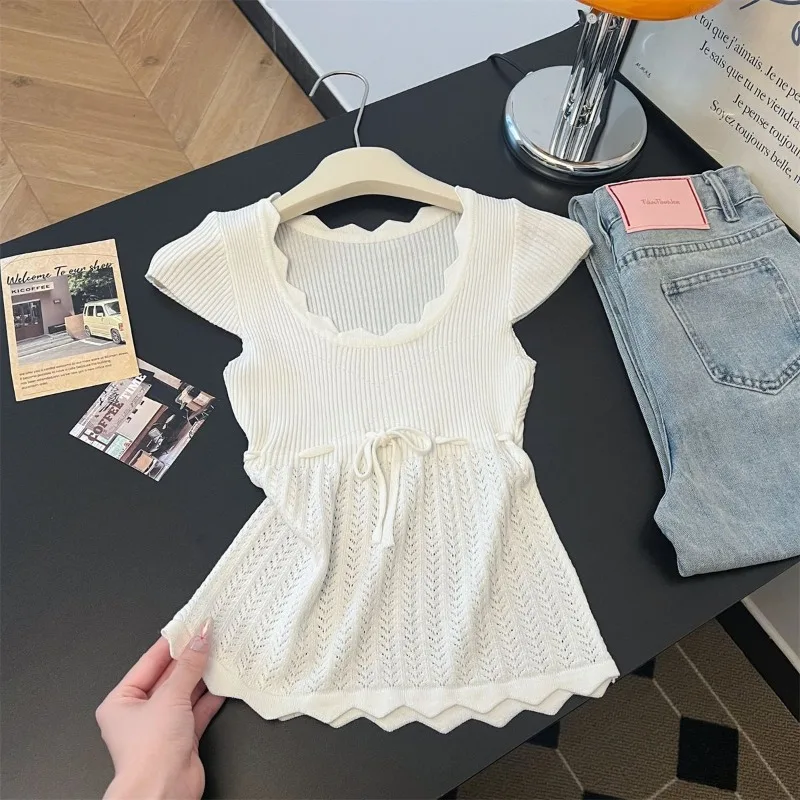 Pure Desire Hollow Crocheted U-neck Pit Strip Knitted T-shirt Women's Lace-up Design Slim Short-sleeved Top