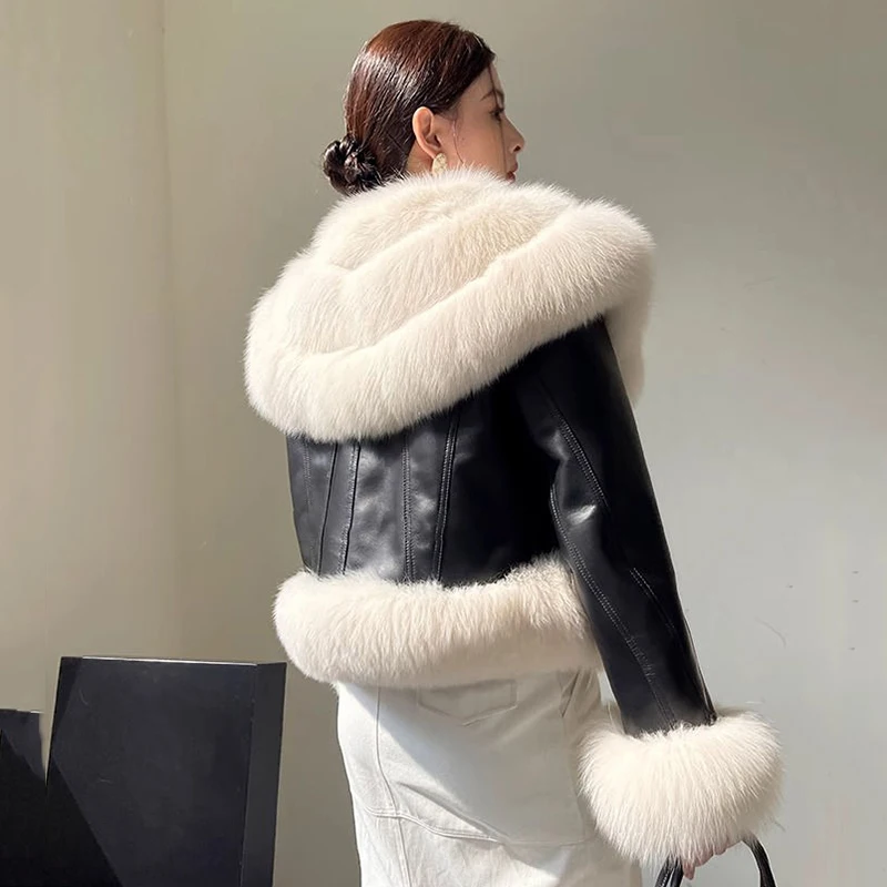 Female Fluffy Faux Fox Wool Sheepskin Shawl Collar Fur Coat Lapel Casual Jacket Women'S Thickened Cotton Winter Warm Outwear