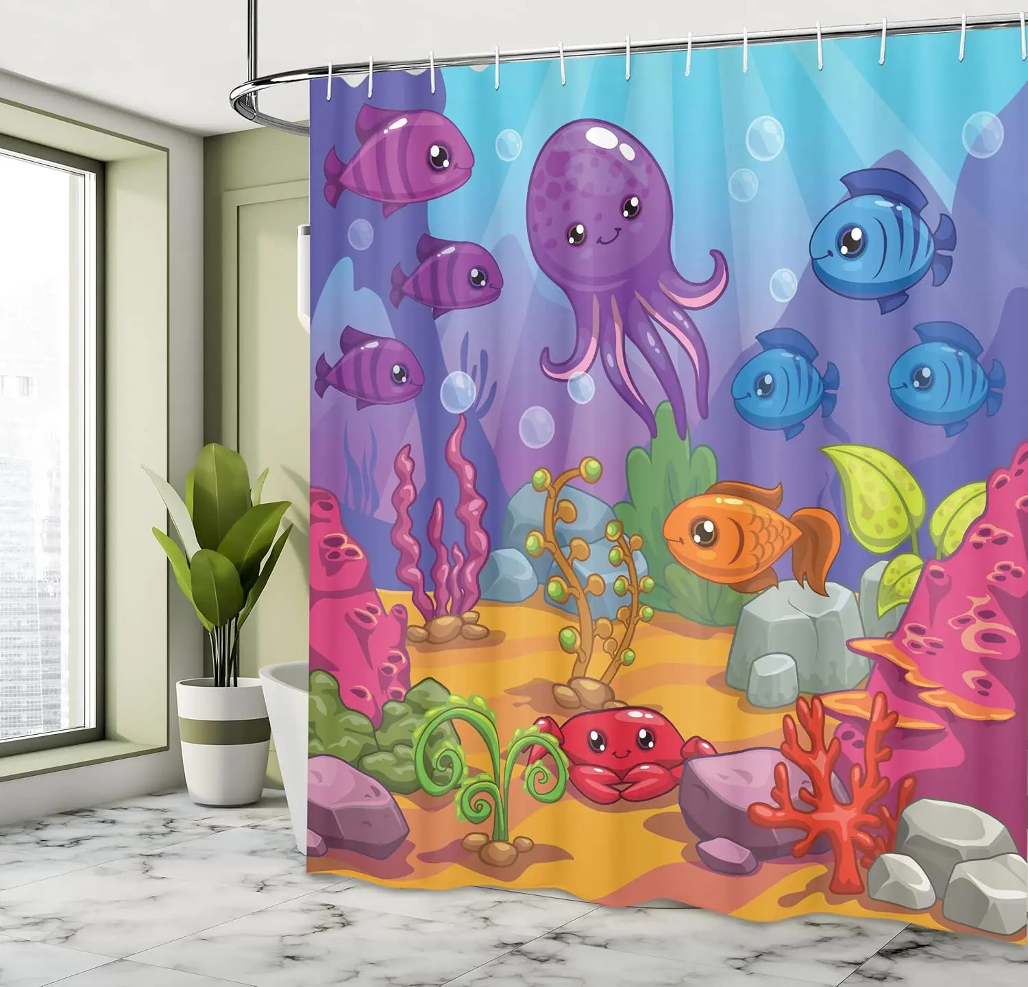 

Cartoon Underwater Shower Curtain with Hooks – Octopus, Fish & Coral Reef, Purple Blue Aquarium Scene for Kids