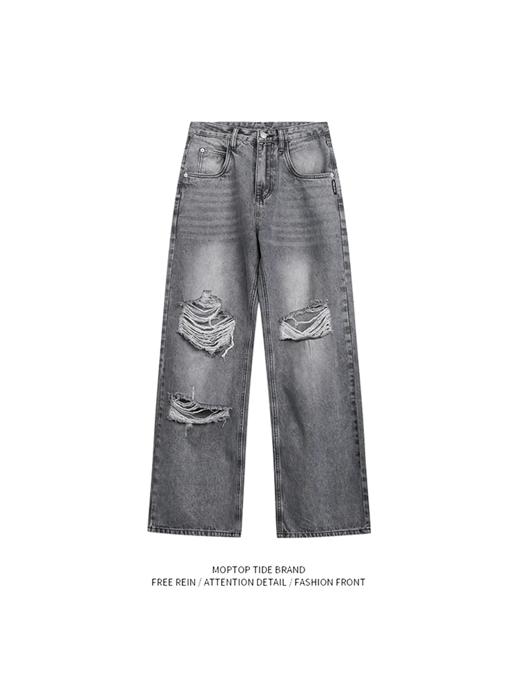 

Retro Hole Straight Leg Jeans Women's Men's Design Sensation American Loose Floor-Length Wide Leg Pants Casual Cotton