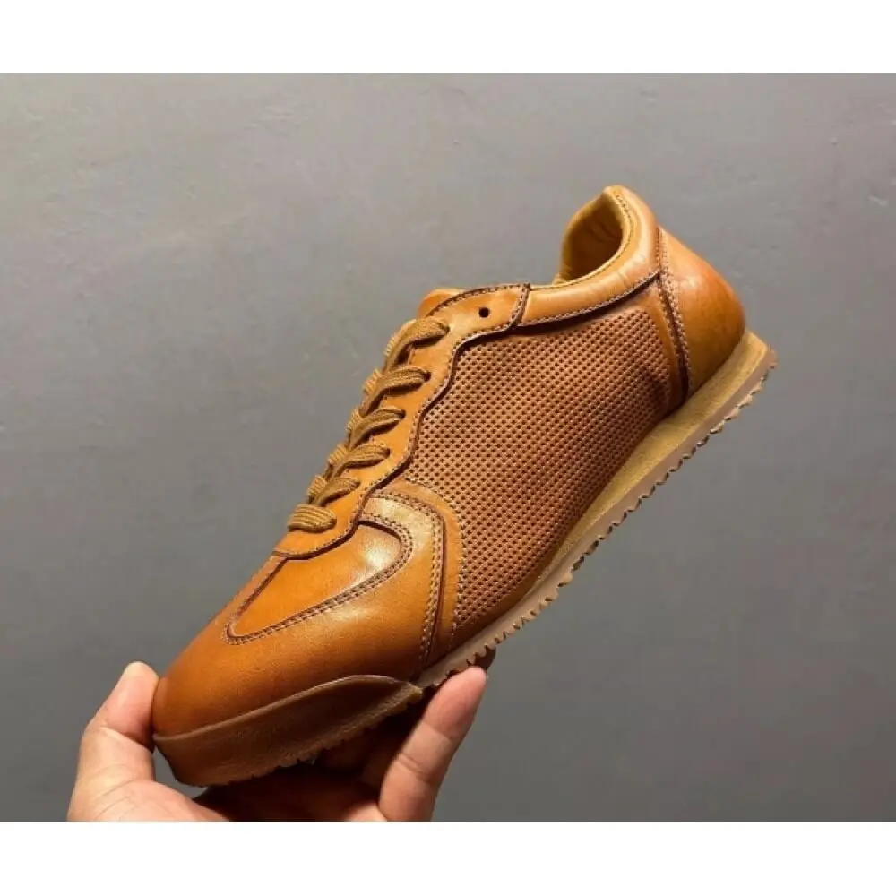 Premium Cognac Mesh Leather Retro Sneaker  Handcrafted Comfort, Timeless Style