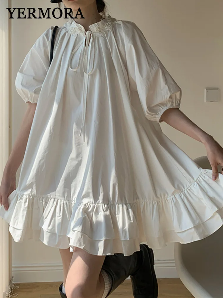 

YERMORA Women White Pleated Ruffles Hem Dress Drawstring Stand Collar Half Sleeve Loose Fashion Tide Spring Summer 2025 New