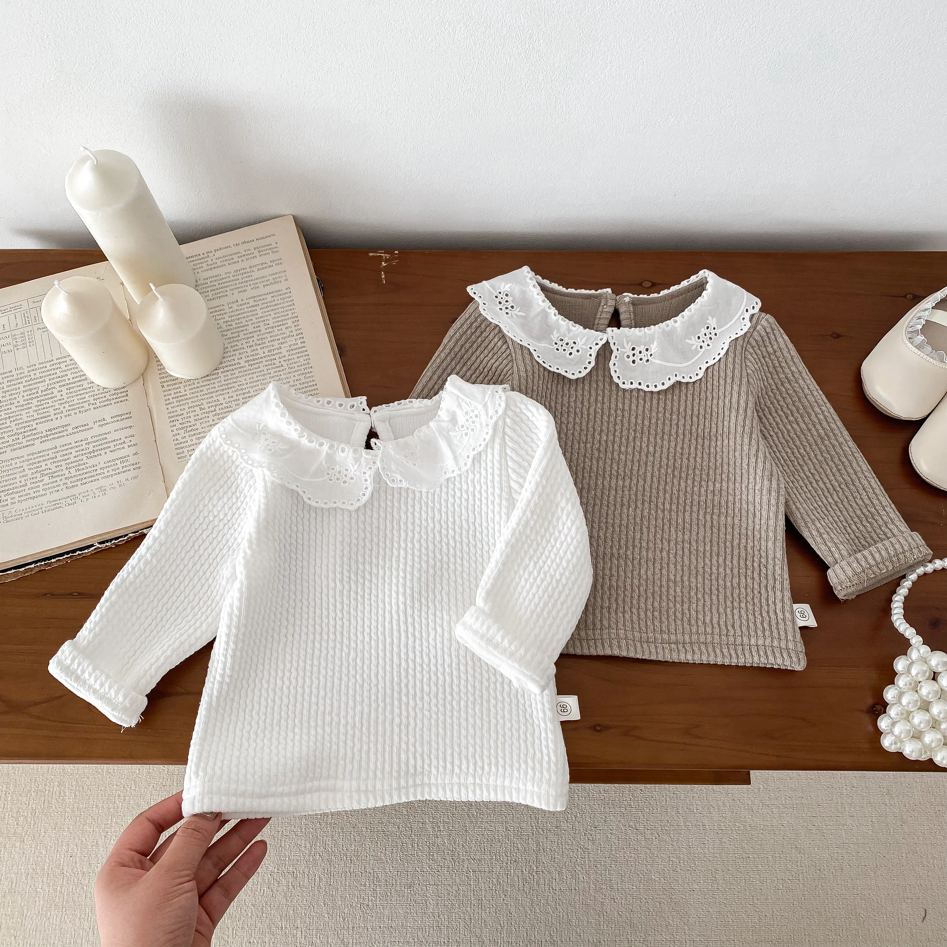 Korean Baby Girls Long Sleeves Shirt Thick Cotton Lace Collar Baby Top Children Clothes 0-24Months