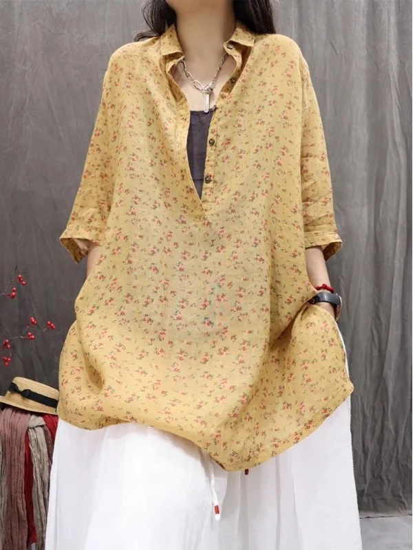 

Художественный женский летний топ средней длины с воротником irt и принтом из тонкого льна, длинный све, на пуговицах, для повседневного использования