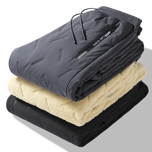 Imagen 2 del producto Ropa de chándal de invierno para hombre, pantalón de chándal de lana gruesa de felpa, pantalones térmicos de lana de cordero, pantalones casuales, pantalones de algodón cálidos impermeables a prueba de viento