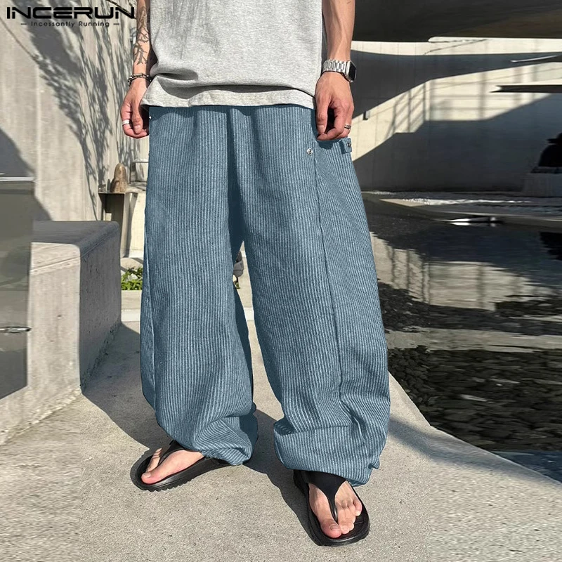 INCERUN Men Pants Striped Drawstring Joggers Loose Casual Trousers Men Streetwear 2025 Oversize Fashion Leisure Wide Leg Pants