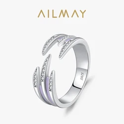 Ailmay 925 Sterling Silver Luxury Asymmetry Line Shiny CZ Open Size Enamel Finger Ring For Women Wedding Statement Fine Jewelry