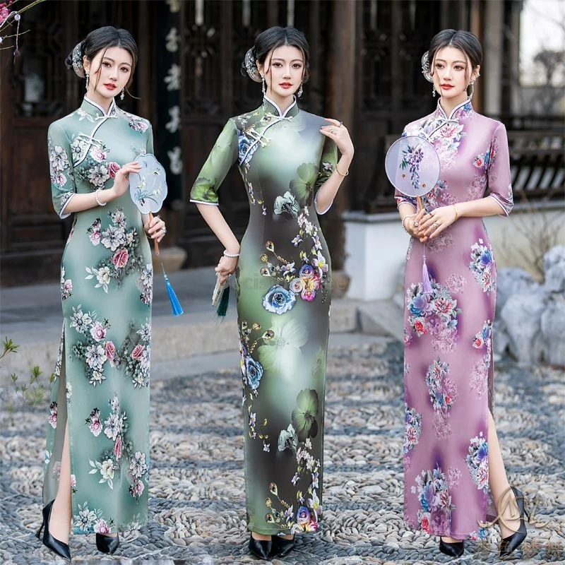 

2025 summer ick silk high end cheongsam old shanghai youth temperament vintage qipao elegant improved slim fitting women's qipao