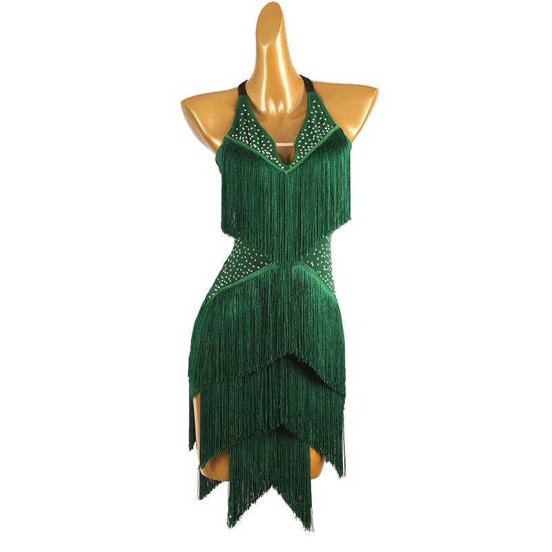 

Green Latin Dance Competition Dress Women Performance Rumba Salsa Tassel Practice Clothes Fringe Backless Ballroom Dress Costume