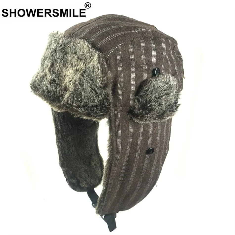 

SHOWERSMILE Coffee Russian Winter Hats Men Striped Fur Bomber Hat Gray Trapper Hat Ushanka with Ear Flaps Snow Warm Thick