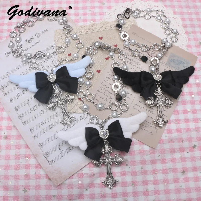 Handmade Sweet Cool Mine Cute Rhinestone Pearl Wings Bow Necklace Sweater Chain Japanese Style Female Girls Sweet Jewelry