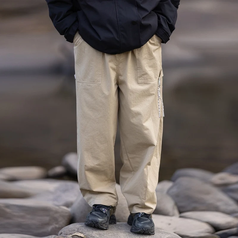 

2024 Summer New Casual Pants Men Solid Color Loose Straight Trousers For Mens Streetwear Trendy Pockets Drawstring Cargo Pants