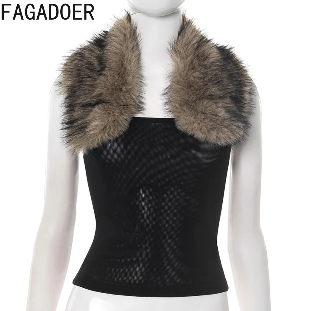 FAGADOER مثير الفراء المرقعة Bodycon تي شيرت المرأة بلون انظر من خلال عارية الذراعين التي شيرت الإناث ملابس الشارع الشهير 2025 جديد