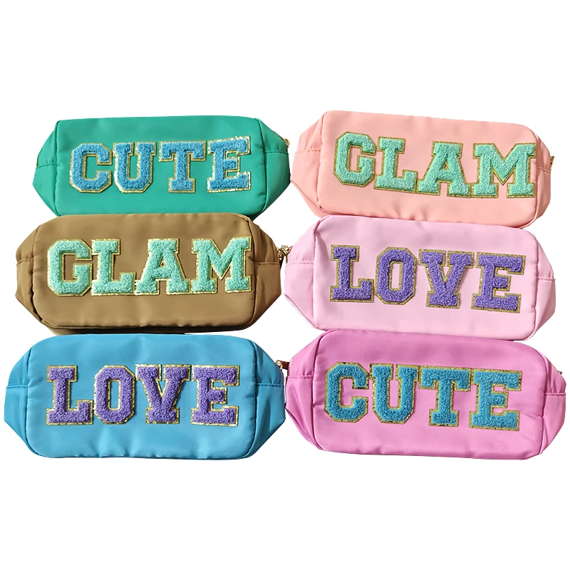 

Candy Color Nylon Cosmetic Bag With Letters Waterproof Travel Make Up Zipper Pouch Bag For Girl Woman