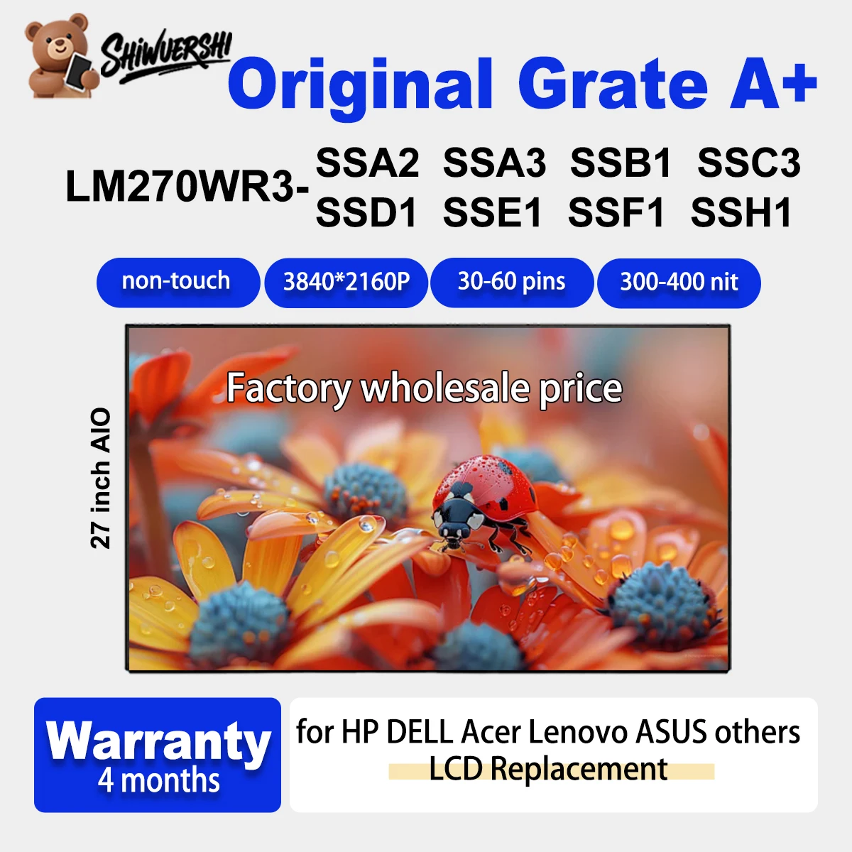

Wholesale Original New A+ Monitor LM270WR3 SSA2 SSA3 SSB1 SSC3 SSD1 SSE1 SSF1 SSH1 27 inch IPS UHD For HP AIO LCD Screen Panel